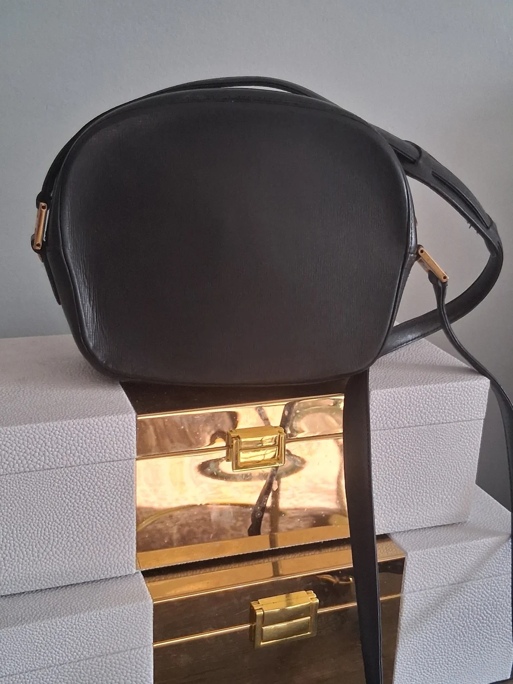 💯Authentic..  MCM Black Leather Crossbody Bag with Gold Hardware